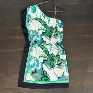 Dressbarn One Shoulder Vacation Date Night Green and Black Floral Dress sz 10